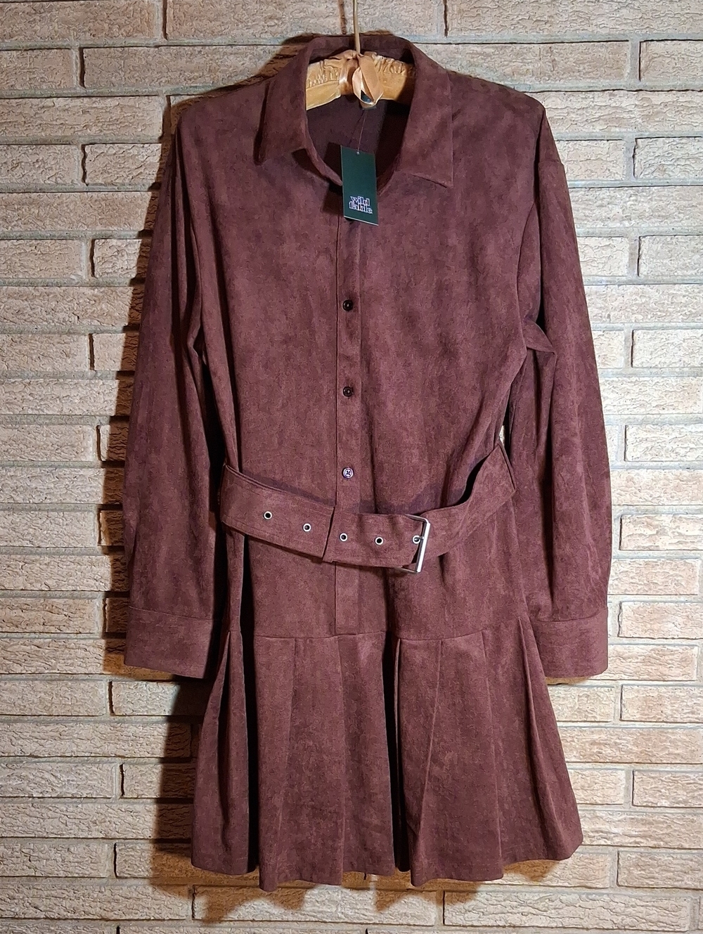 wild fable Brown Suede-Look Long Sleeve Belted Shirt Dress
